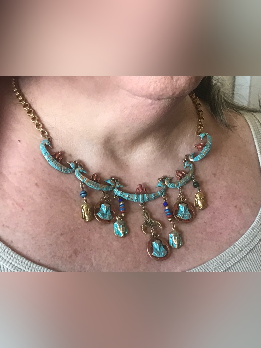 1960’s Arthur Pepper Turquoise Gold Egyptian Revival Charm Necklace